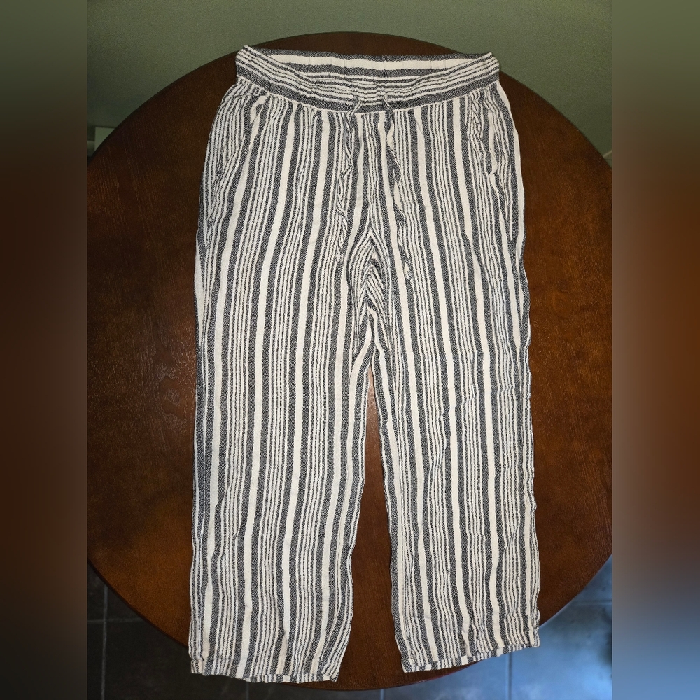 Old Navy Women's Linen Blend White Black Stripe Pants With Pockets Medium
